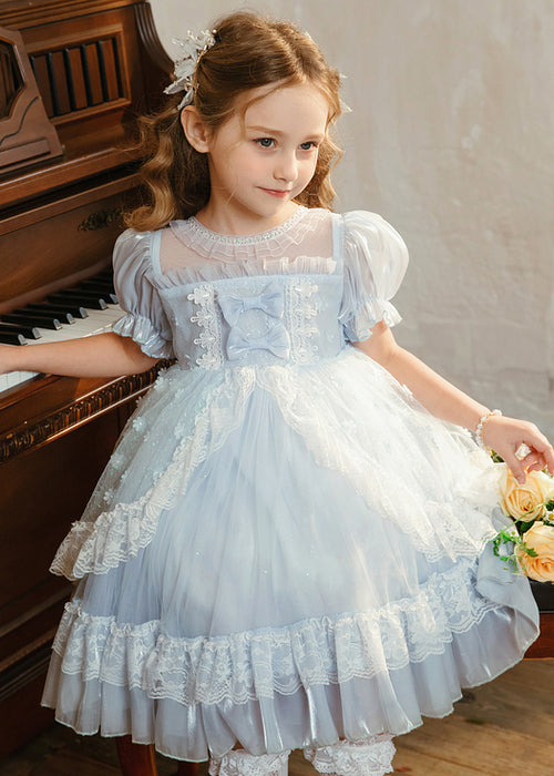 Cute Pink Ruffled Lace Patchwork Tulle Girls Princess Dresses Summer