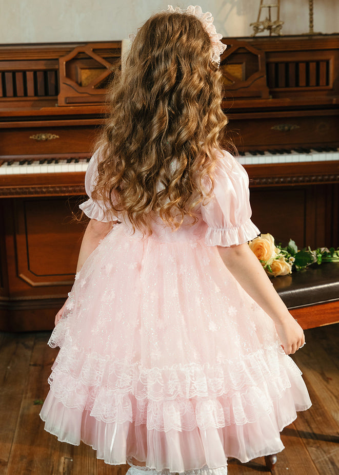 Cute Pink Ruffled Lace Patchwork Tulle Girls Princess Dresses Summer