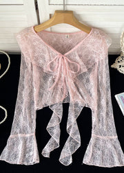 Cute Pink Ruffled Lace Up Lace Tops Flare Sleeve