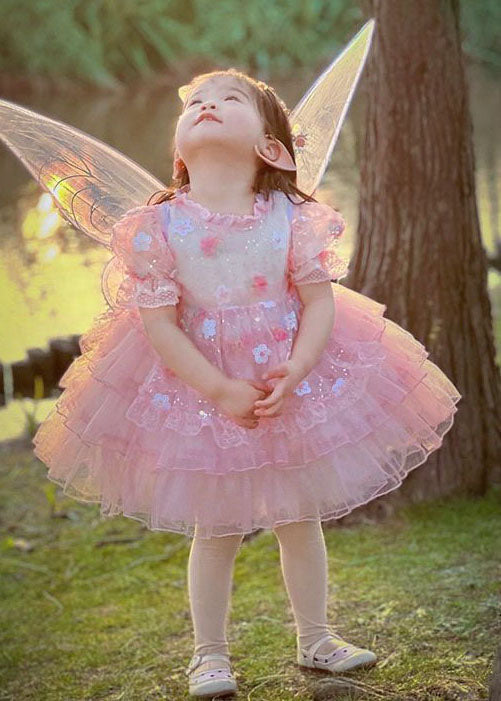 Cute Pink Ruffled Layered Patchwork Tulle Kids Girls Dress Summer