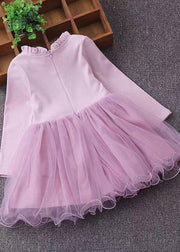 Cute Pink Ruffled Nail Bead Patchwork Tulle Baby Girls Dresses Fall