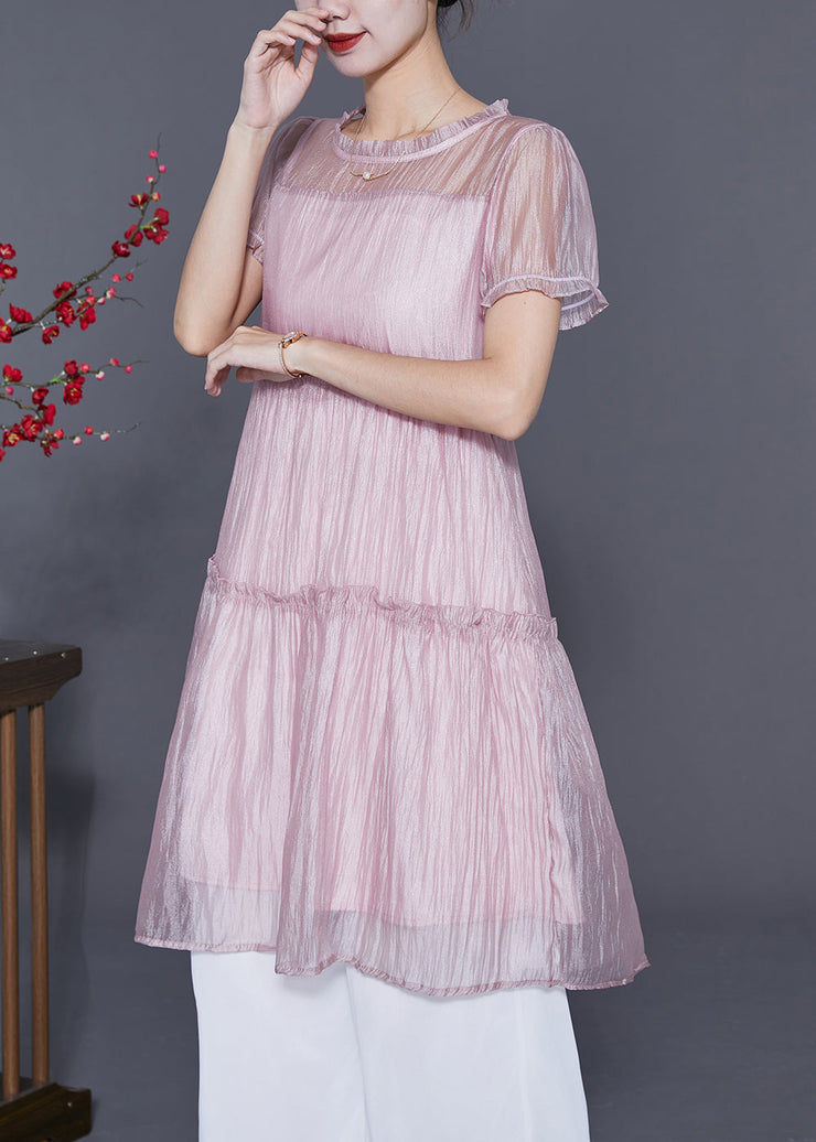 Cute Pink Ruffled Patchwork Silk A Line Dress Summer