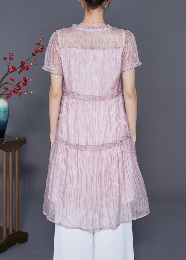 Cute Pink Ruffled Patchwork Silk A Line Dress Summer