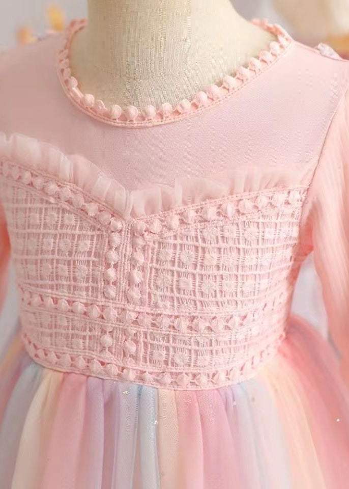 Cute Pink Ruffled Patchwork Tulle Baby Girls Dresses Fall