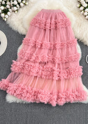 Cute Pink Ruffled Patchwork Tulle Cake Skirt Spring