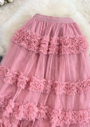 Cute Pink Ruffled Patchwork Tulle Cake Skirt Spring