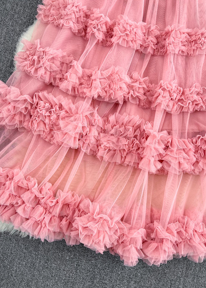 Cute Pink Ruffled Patchwork Tulle Cake Skirt Spring