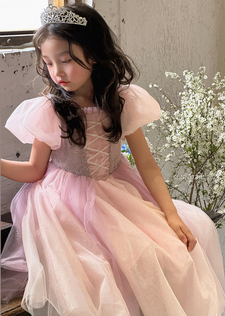 Cute Pink Ruffled Patchwork Tulle Girls Long Dresses Summer