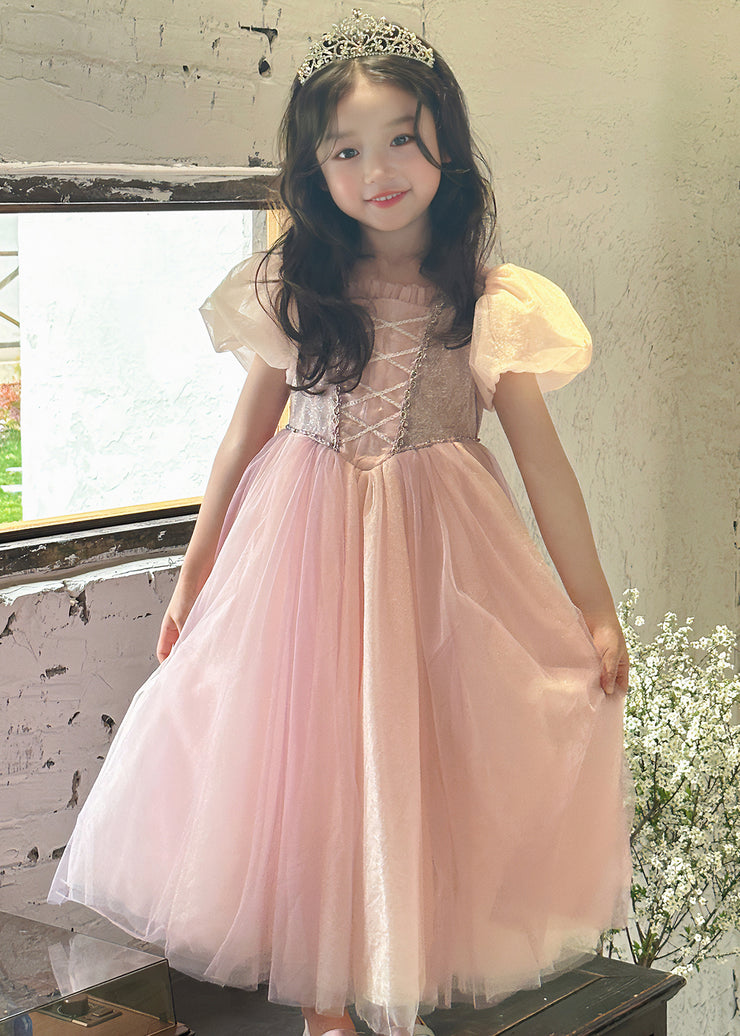 Cute Pink Ruffled Patchwork Tulle Girls Long Dresses Summer