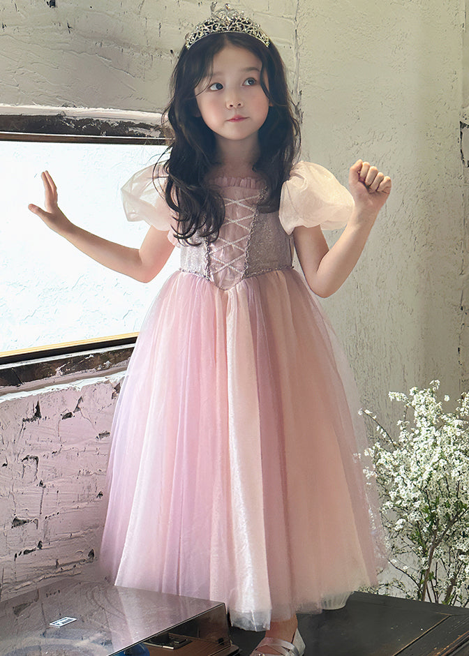 Cute Pink Ruffled Patchwork Tulle Girls Long Dresses Summer