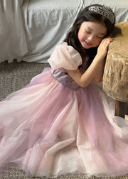 Cute Pink Ruffled Patchwork Tulle Girls Long Dresses Summer