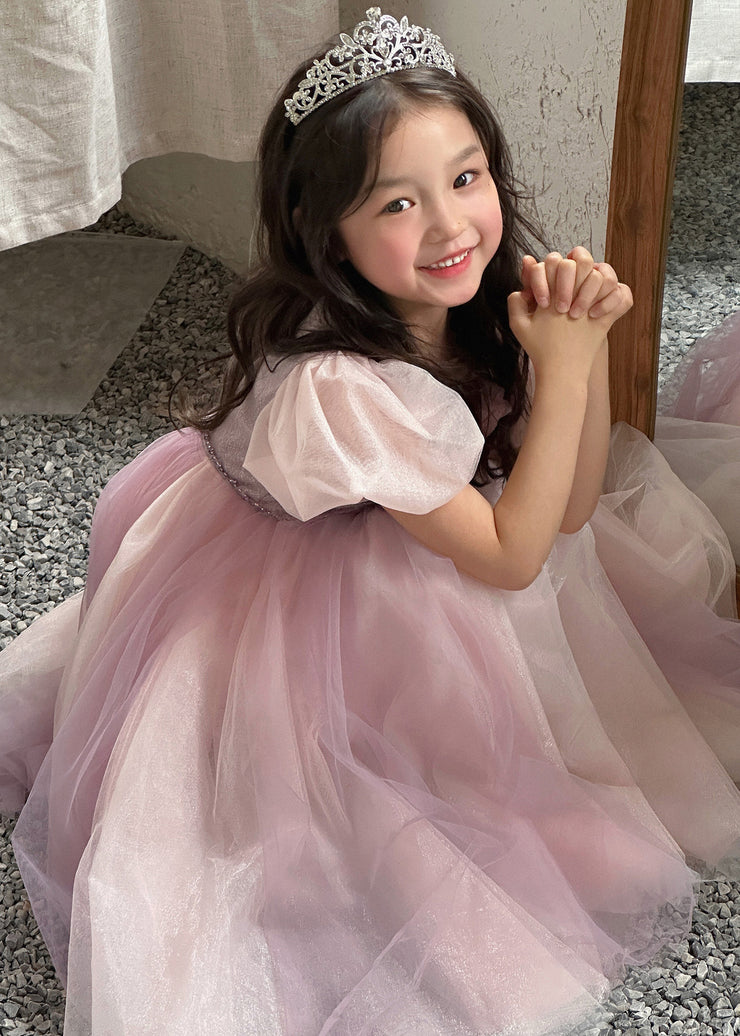 Cute Pink Ruffled Patchwork Tulle Girls Long Dresses Summer