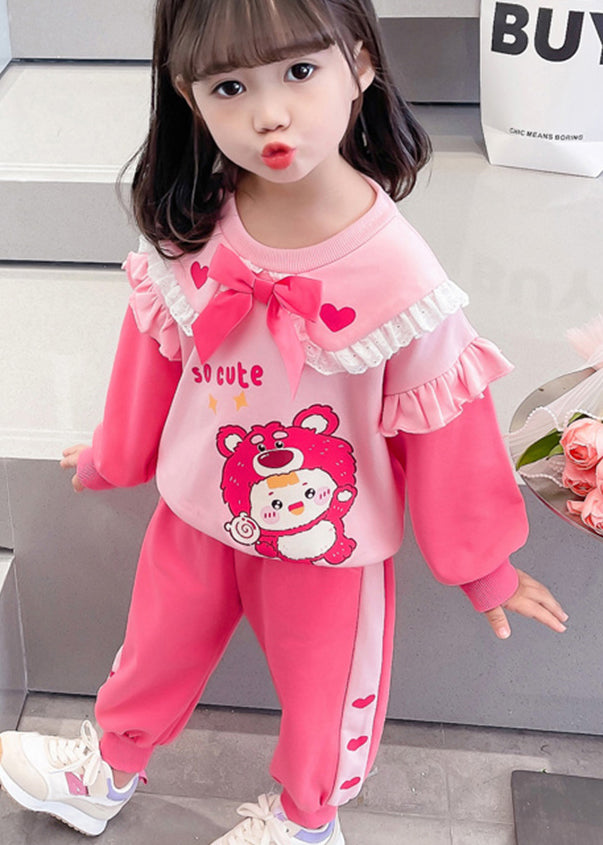 Cute Pink Ruffled Print Bow Cotton Baby Girls Two Pieces Set Fall