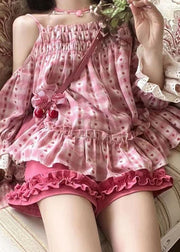 Cute Pink Ruffled Print Patchwork Top And Shorts Two Pieces Set Summer