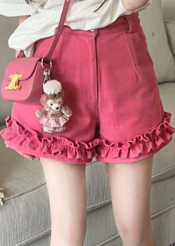Cute Pink Ruffled Print Patchwork Top And Shorts Two Pieces Set Summer