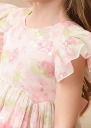 Cute Pink Ruffled Print Patchwork Tulle Girls Long Dress Short Sleeve