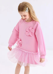 Cute Pink Ruffled Tulle Patchwork Floral Girls Holiday Long Dress Spring