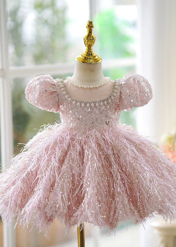 Cute Pink Sequins Pearl Patchwork Tulle Kids Long Dress Short Sleeve