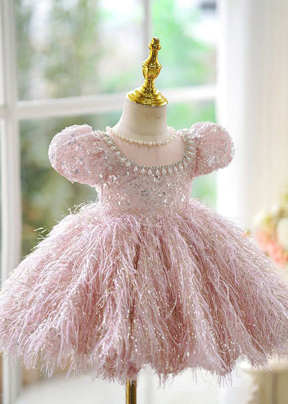 Cute Pink Sequins Pearl Patchwork Tulle Kids Long Dress Short Sleeve