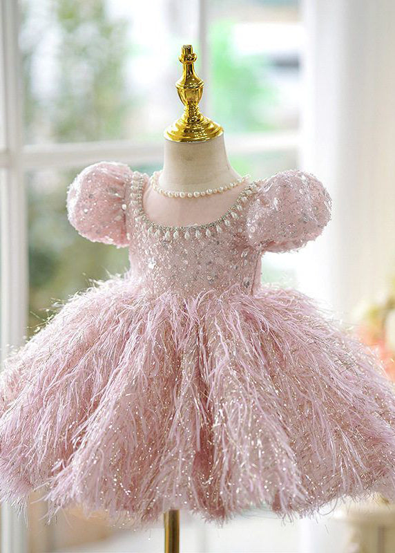 Cute Pink Sequins Pearl Patchwork Tulle Kids Long Dress Short Sleeve