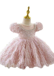 Cute Pink Sequins Pearl Patchwork Tulle Kids Long Dress Short Sleeve