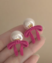 Cute Pink Silk Velour Alloy Pearl Bow Stud Earrings