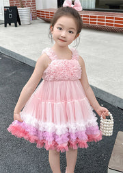 Cute Pink Slash Neck Patchwork Tulle Kids Long Dress Summer