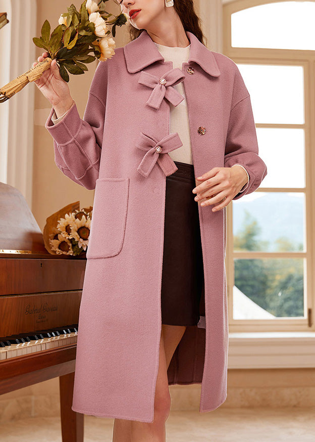 Cute Pink Square Collar Bow Button Woolen Maxi Coat Spring