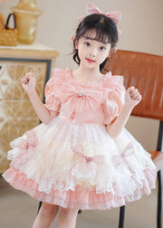 Cute Pink Square Collar Patchwork Bow Kids Mid Dresses Short Sleeve