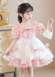 Cute Pink Square Collar Patchwork Bow Kids Mid Dresses Short Sleeve