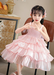 Cute Pink Square Collar Wrinkled Tulle Kids Maxi Spaghetti Strap Dress Sleeveless