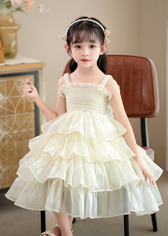 Cute Pink Square Collar Wrinkled Tulle Kids Maxi Spaghetti Strap Dress Sleeveless