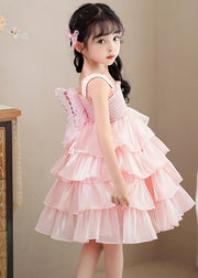 Cute Pink Square Collar Wrinkled Tulle Kids Maxi Spaghetti Strap Dress Sleeveless