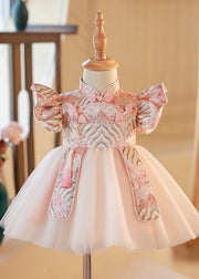 Cute Pink Stand Collar Button Tulle Patchwork Kids Maxi Dresses Short Sleeve