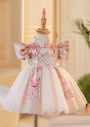 Cute Pink Stand Collar Button Tulle Patchwork Kids Maxi Dresses Short Sleeve