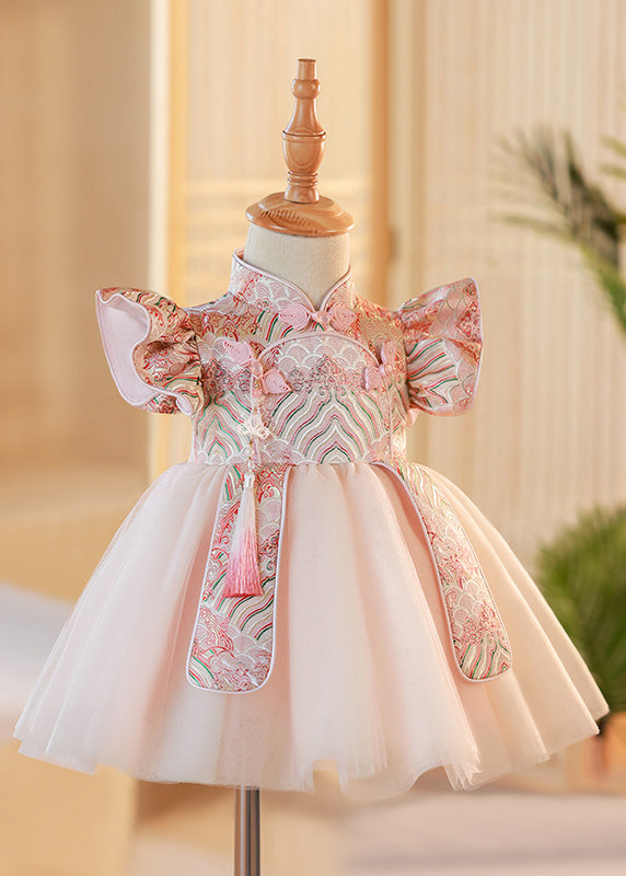 Cute Pink Stand Collar Button Tulle Patchwork Kids Maxi Dresses Short Sleeve