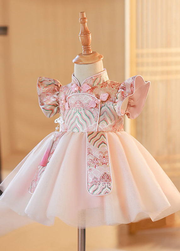 Cute Pink Stand Collar Button Tulle Patchwork Kids Maxi Dresses Short Sleeve