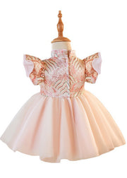 Cute Pink Stand Collar Button Tulle Patchwork Kids Maxi Dresses Short Sleeve