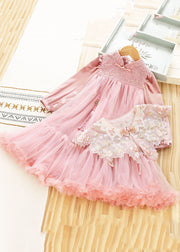 Cute Pink Stand Collar Sequins Patchwork Tulle Girls Shawl And Dress Two Pieces Set Long Sleeve