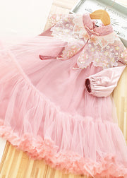 Cute Pink Stand Collar Sequins Patchwork Tulle Girls Shawl And Dress Two Pieces Set Long Sleeve