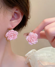 Cute Pink Sterling Silver Alloy Rose Resin Hoop Earrings