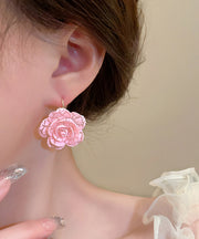 Cute Pink Sterling Silver Alloy Rose Resin Hoop Earrings