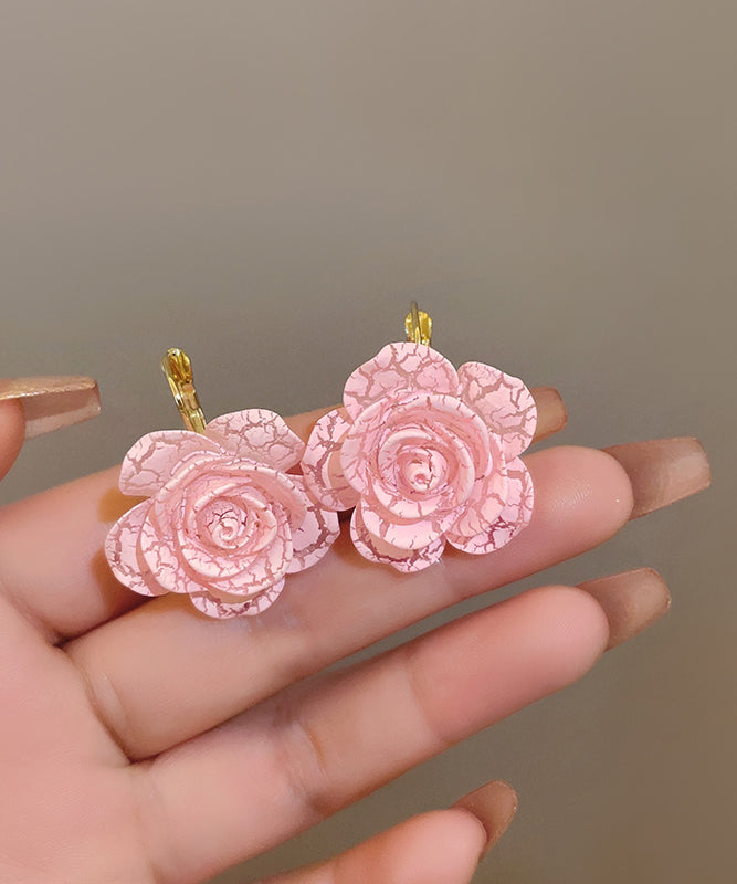 Cute Pink Sterling Silver Alloy Rose Resin Hoop Earrings