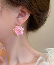 Cute Pink Sterling Silver Alloy Rose Resin Hoop Earrings