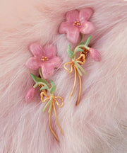 Cute Pink Sterling Silver Overgild Floral Drop Earrings