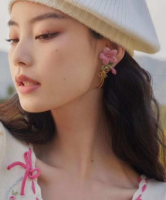 Cute Pink Sterling Silver Overgild Floral Drop Earrings