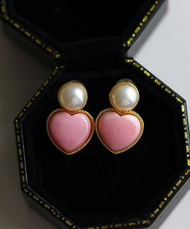 Cute Pink Sterling Silver Overgild Love Pearl Stud Earrings