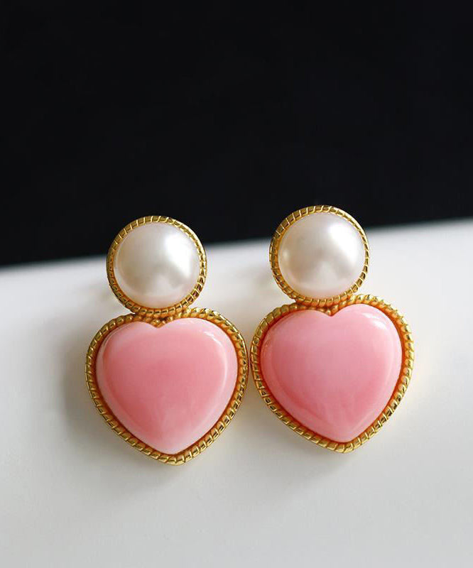 Cute Pink Sterling Silver Overgild Love Pearl Stud Earrings