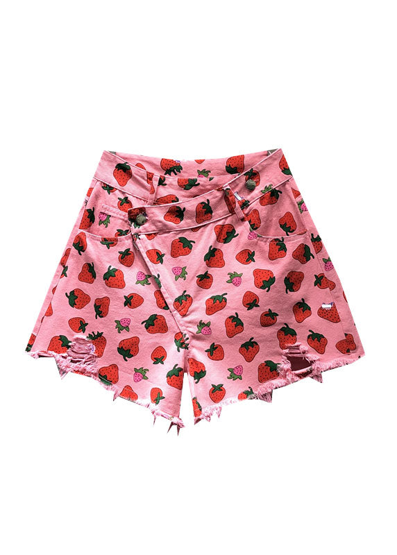 Cute Pink Strawberry Print Pockets Denim Shorts Summer