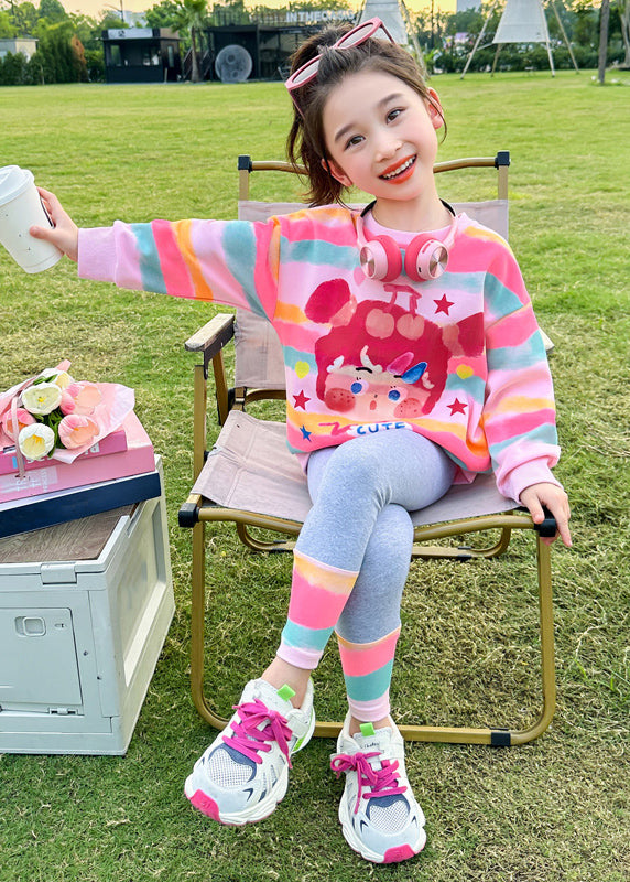 Cute Pink Striped Print Girls Top And Pants Two Pieces Set Spring